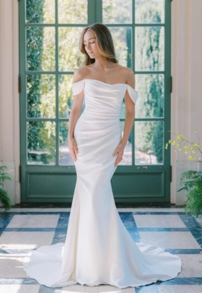 Off The Shoulder Draped Fit And Flare Wedding Dress by Anne Barge