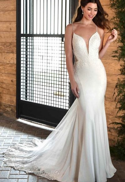 Simple Lace Fit And Flare Wedding Dress With Sheer Back by Essense of Australia