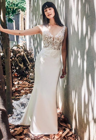 Sleeveless Fit And Flare Wedding Dress With V-neckline And Illusion Bodice by Madison James