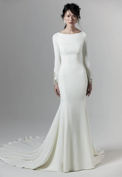 Bateau Neck Fit And Flare Wedding Dress With Long Sleeves And Back Detail by Maggie Sottero
