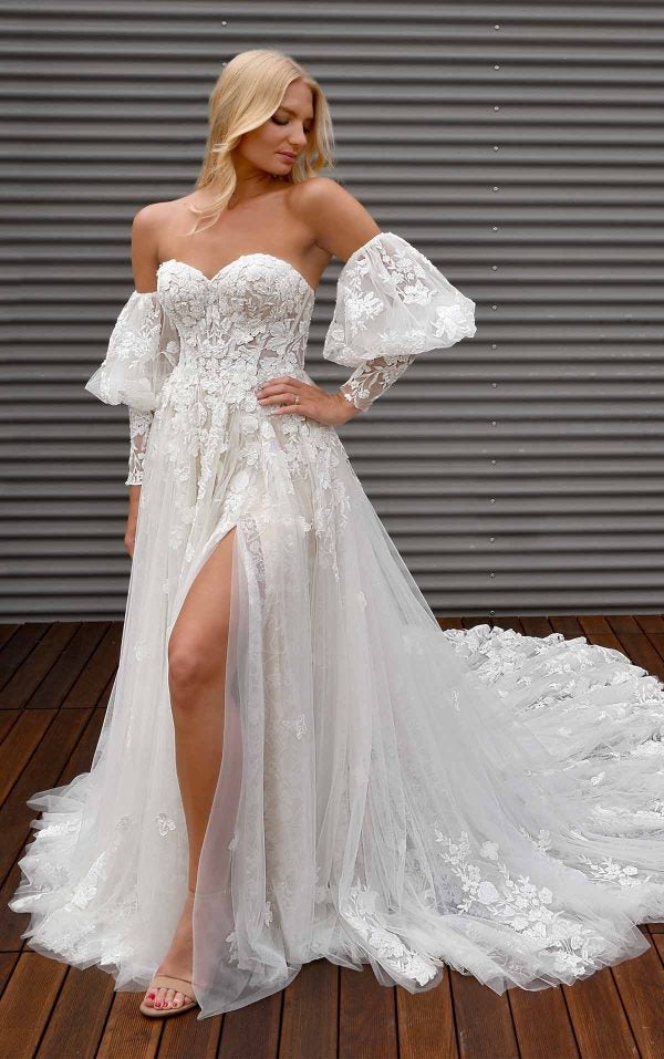 A-line Wedding Dress With A Sweetheart Neckline, Detatchabe Puff Long Sleeves And Sequin Lace Appliqués Throughout by Martina Liana - Image 1