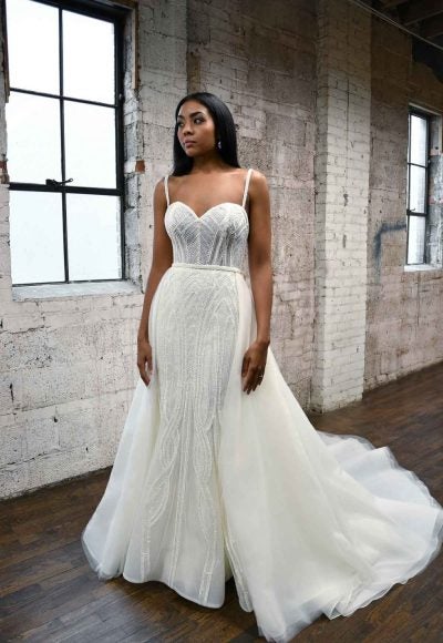 Beaded Fit And Flare Wedding Dress With Detachable Overskirt by Martina Liana