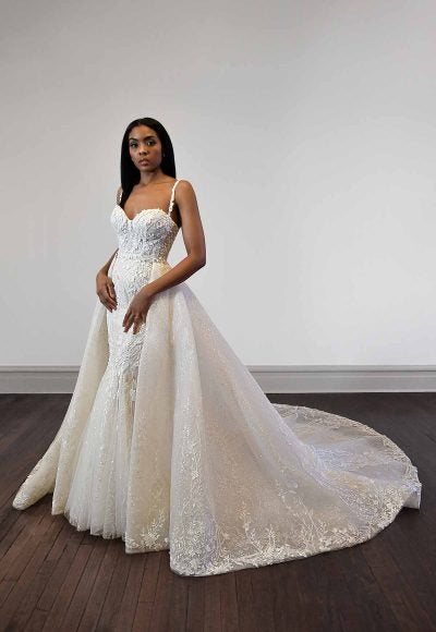 Fit And Flare Wedding Dress With Textured Floral Lace And Detachable Overskirt by Martina Liana Luxe
