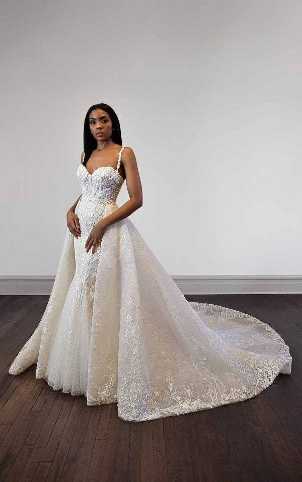 Fit And Flare Wedding Dress With Textured Floral Lace And Detachable Overskirt by Martina Liana Luxe - Image 1