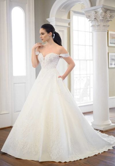 Off The Shoulder Ball Gown Wedding Dress With A Lace Bodice And Shaped Train by Martina Liana Luxe
