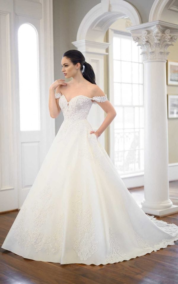 Off The Shoulder Ball Gown Wedding Dress With A Lace Bodice And Shaped Train by Martina Liana Luxe - Image 1