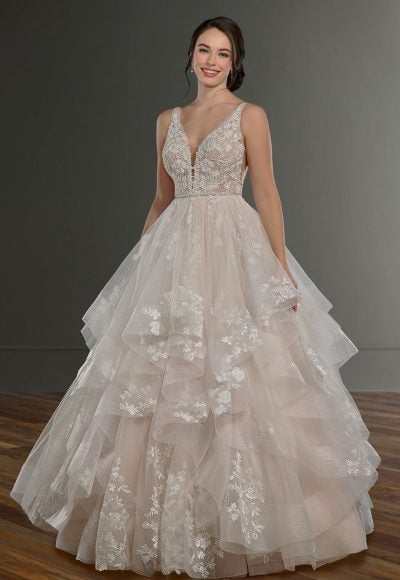 Sleeveless V-neck Ball Gown Wedding Dress With Layered Skirt by Martina Liana