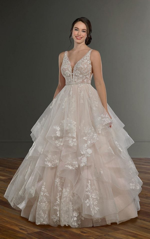 Sleeveless V-neck Ball Gown Wedding Dress With Layered Skirt by Martina Liana - Image 1