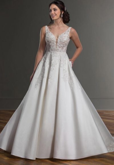 V-neck Sleeveless Ball Gown Wedding Dress With Beaded Lace Bodice by Martina Liana