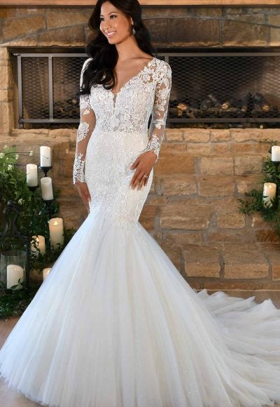 Long Sleeve Lace Fit And Flare Wedding Dress With Long Train by Stella York