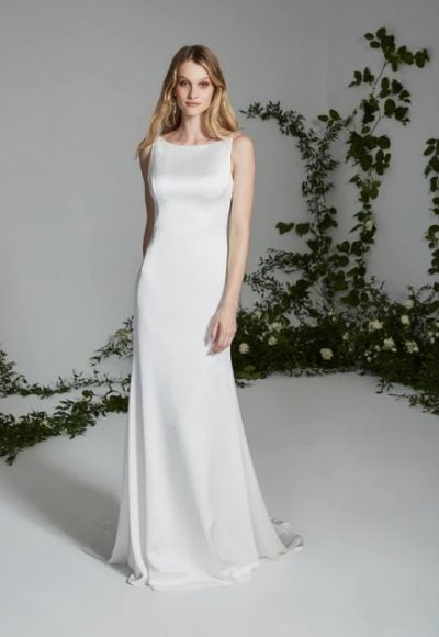 Bateau Neck Fit And Flare Wedding Dress With Cowl Draped Back by Theia Bridal