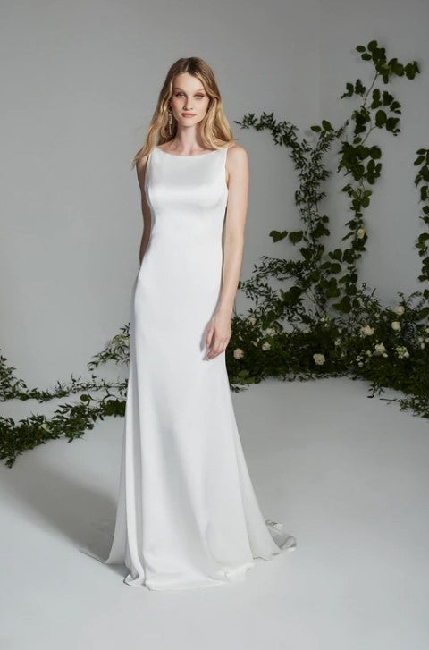 Bateau Neck Fit And Flare Wedding Dress With Cowl Draped Back by Theia Bridal - Image 1