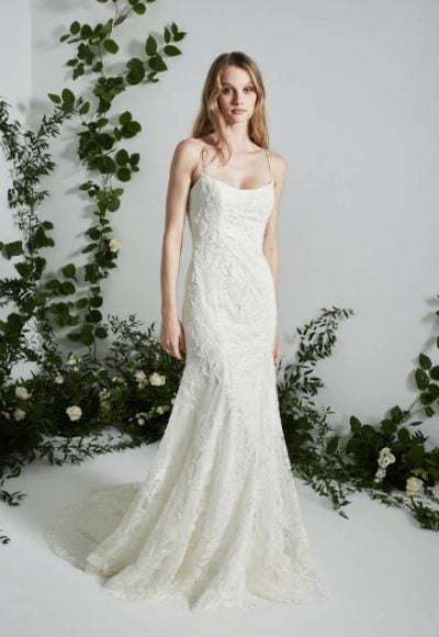 Beaded Fit And Flare Wedding Dress With Spaghetti Straps And Low Back by Theia Bridal