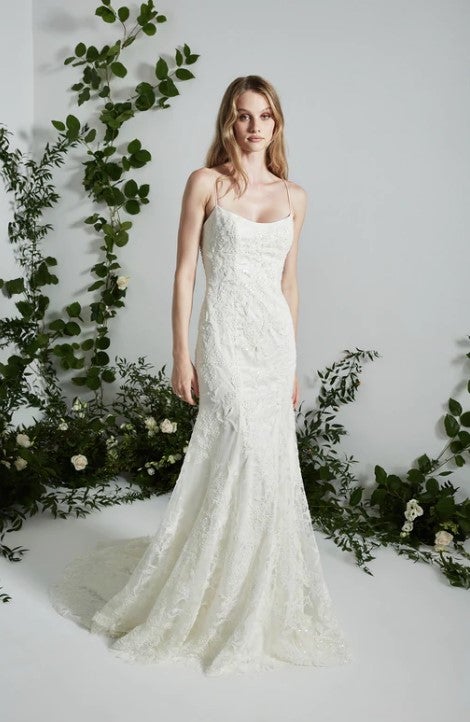 Beaded Fit And Flare Wedding Dress With Spaghetti Straps And Low Back by Theia Bridal - Image 1