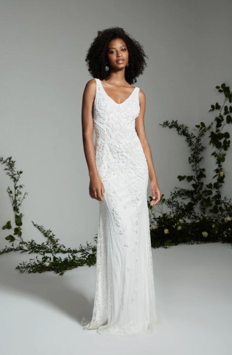 Beaded V-neck Fit And Flare Wedding Dress by Theia Bridal - Image 2