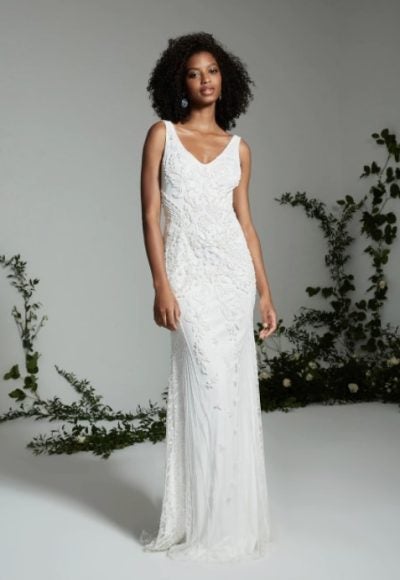 Beaded V-neck Fit And Flare Wedding Dress by Theia Bridal