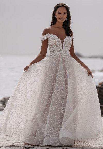 Off-shoulder Ballgown Wedding Dress With Vine And Petal Appliqué by Allure Bridals