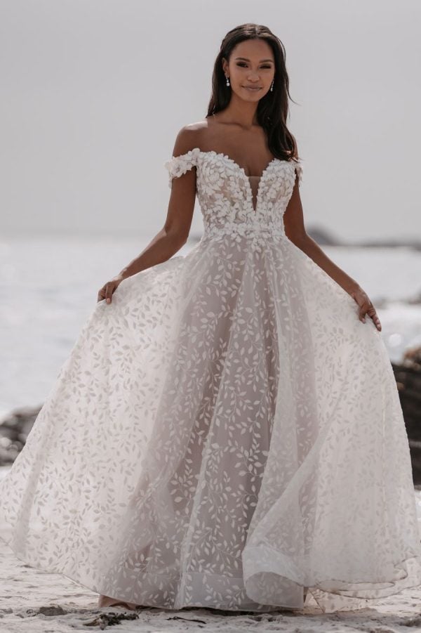 Off-shoulder Ballgown Wedding Dress With Vine And Petal Appliqué by Allure Bridals - Image 1