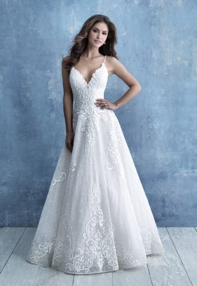 V-neck Ballgown Wedding Dress With Spaghetti Straps And Lace Appliques by Allure Bridals