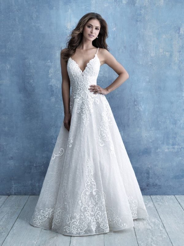 V-neck Ballgown Wedding Dress With Spaghetti Straps And Lace Appliques by Allure Bridals - Image 1