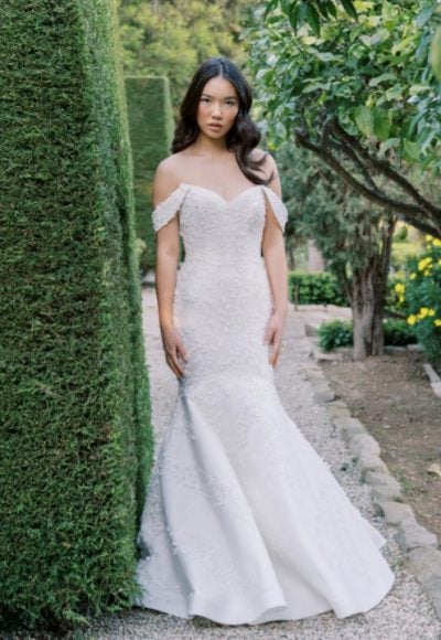 Fit And Flare Wedding Dress With 3D Embroidery And Detachable Straps by Anne Barge