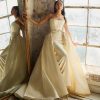 Satin Fit And Flare Wedding Dress With Jewel Sweetheart Neckline And Matching Overskirt - Image 1