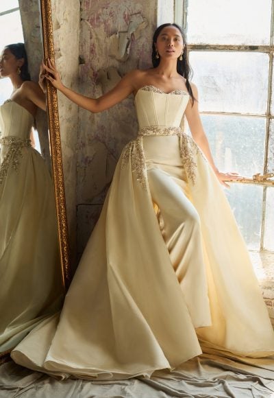 Satin Fit And Flare Wedding Dress With Jewel Sweetheart Neckline And Matching Overskirt by Lazaro