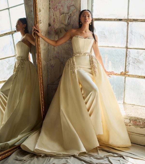 Satin Fit And Flare Wedding Dress With Jewel Sweetheart Neckline And Matching Overskirt - Image 1