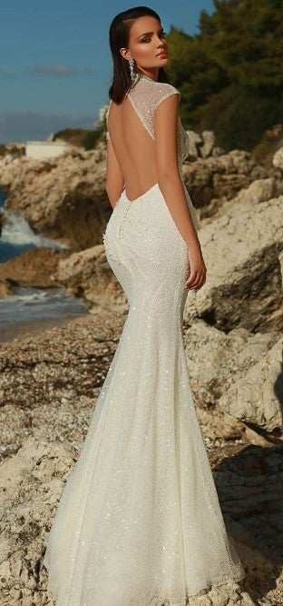 Beaded Fit And Flare Wedding Dress With Cap Sleeves And Open Back by Maison Signore - Image 2