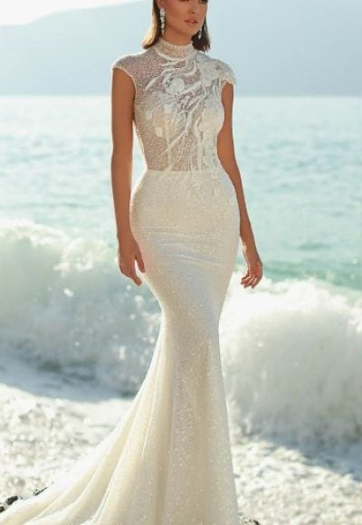 Beaded Fit And Flare Wedding Dress With Cap Sleeves And Open Back by Maison Signore