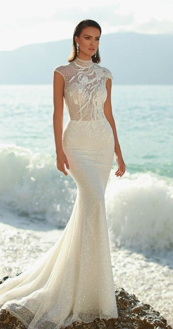 Beaded Fit And Flare Wedding Dress With Cap Sleeves And Open Back by Maison Signore - Image 1