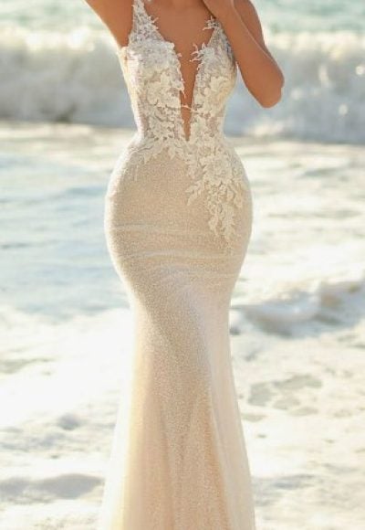 Sleeveless Fit And Flare Wedding Dress With V-neckline And Embroidered Lace Bodice by Maison Signore