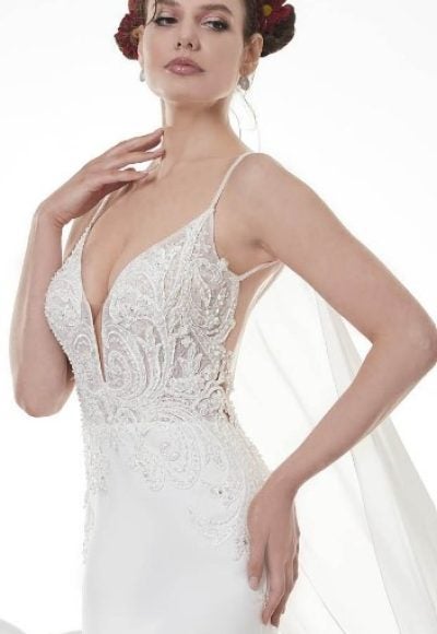 Spaghetti Strap Fit And Flare Wedding Dress With Beaded Lace Bodice by Maison Signore
