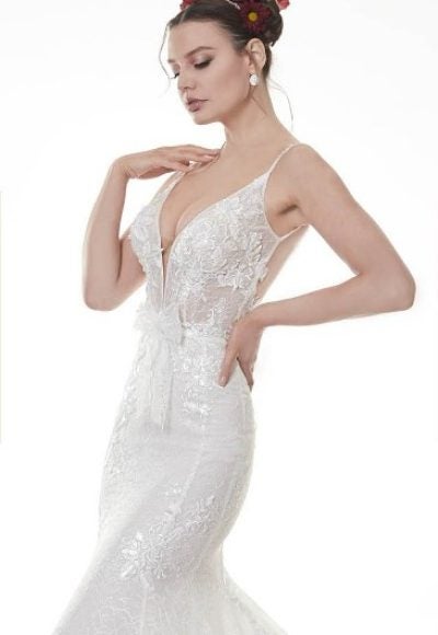 Spaghetti Strap Fit And Flare Wedding Dress With V-neck And Open Back. by Maison Signore