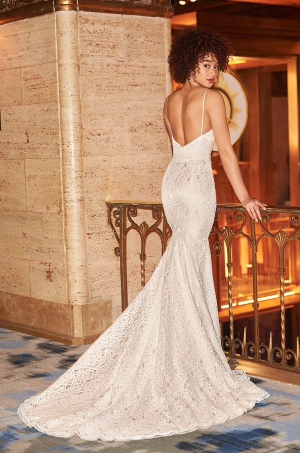 SPAGHETTI STRAP V-NECKLINE FIT AND FLARE LACE WEDDING DRESS WITH SLIT by Mikaella - Image 2