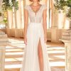 V-NECK SHORT SLEEVE SHEATH WEDDING DRESS WITH LACE BODICE AND TULLE SKIRT WITH SLIT by Mikaella - Image 1