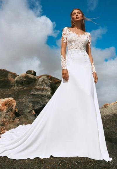 Fit And Flare Wedding Dress With Illusion Long Sleeves by Pronovias