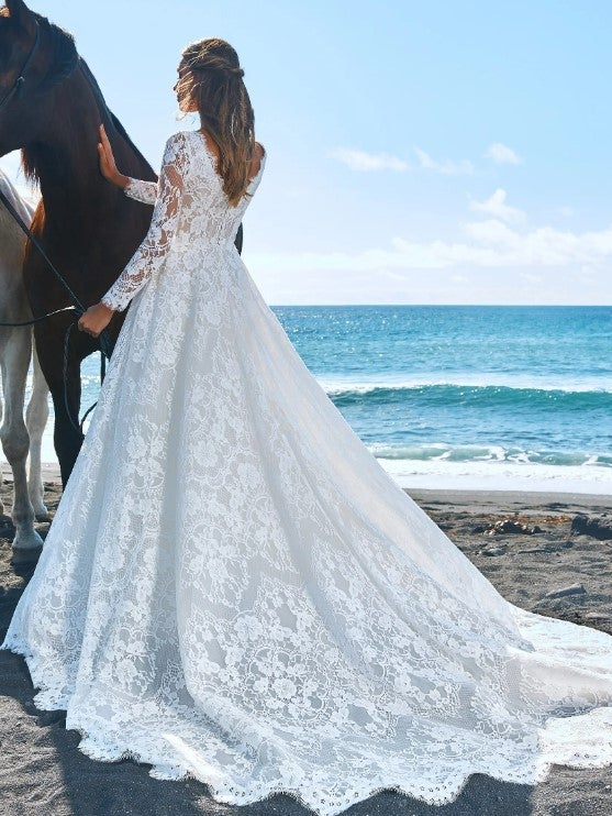 Long Sleeve Lace A-line Wedding Dress With V-neckline by Pronovias - Image 2