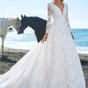 Long Sleeve Lace A-line Wedding Dress With V-neckline by Pronovias - Image 1
