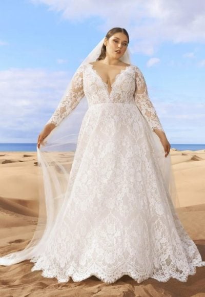 Long Sleeve Lace A-line Wedding Dress With V-neckline by Pronovias