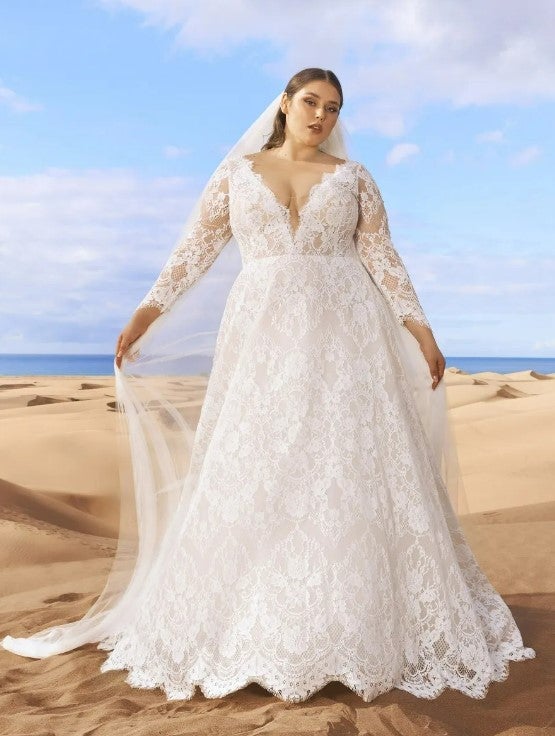 Long Sleeve Lace A-line Wedding Dress With V-neckline by Pronovias - Image 1