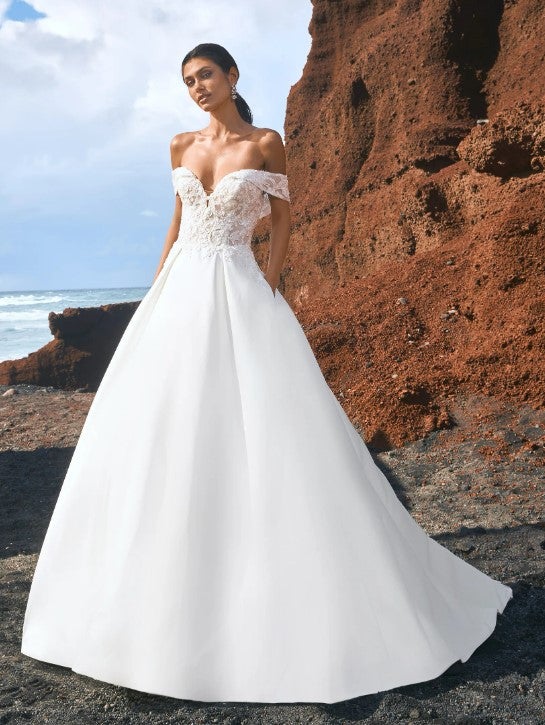 Off The Shoulder A-line Wedding Dress With Lace Bodice And Pockets by Pronovias - Image 1