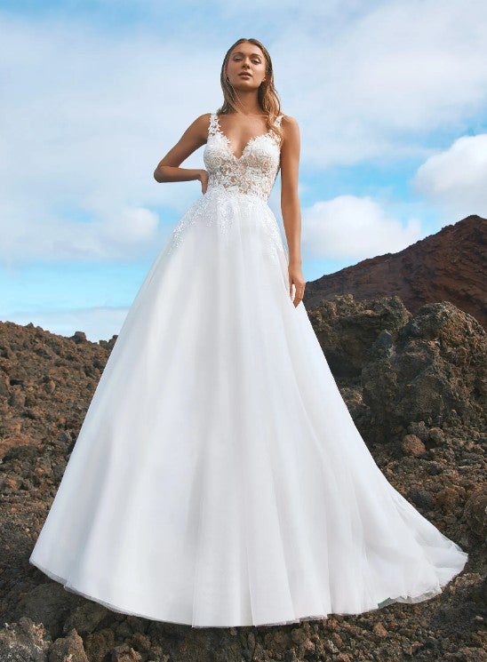 V-neck A-line Wedding Dress With Lace Bodice by Pronovias - Image 1