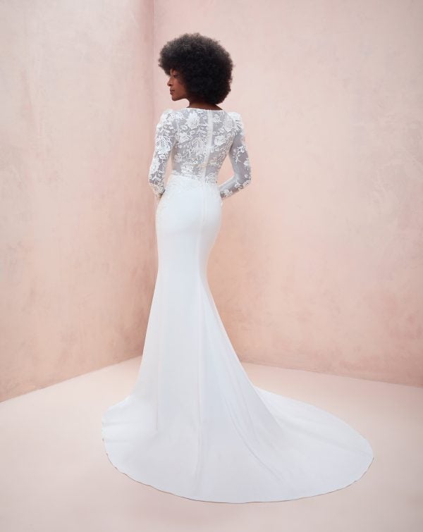 Long Sleeve V-neckline Crepe Sheath Wedding Dress With Lace Bodice by Tara Keely - Image 2