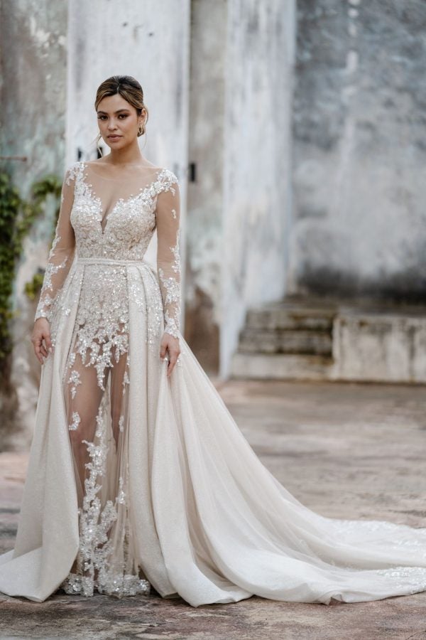Long Sleeve Illusion Fit And Flare Wedding Dress by Allure Bridals - Image 3