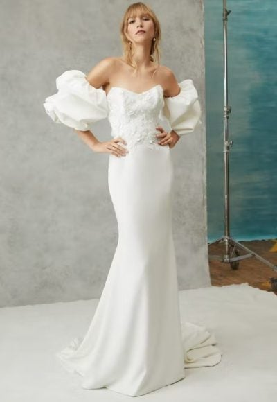 Sheath Wedding Dress with Lace Bodice and Voluminous Off the Shoulder Sleeves by Alyne by Rita Vinieris
