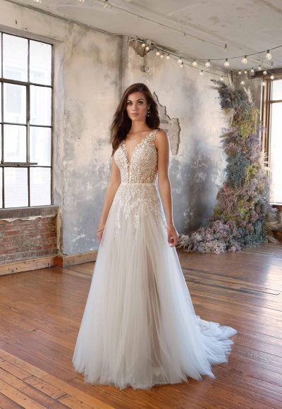 Floral Lace A-line Wedding Dress With Plunging V-neckline by All Who Wander