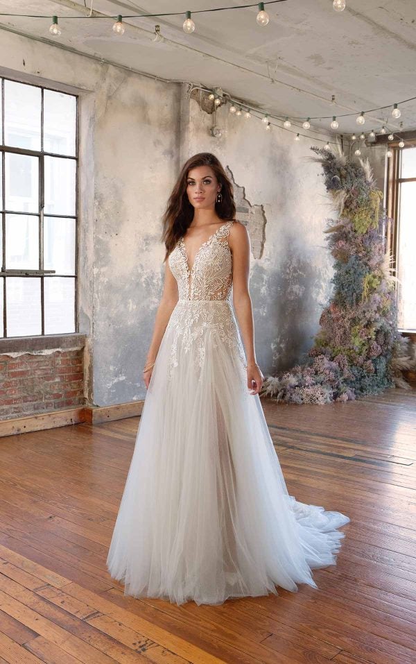 Floral Lace A-line Wedding Dress With Plunging V-neckline by All Who Wander - Image 1