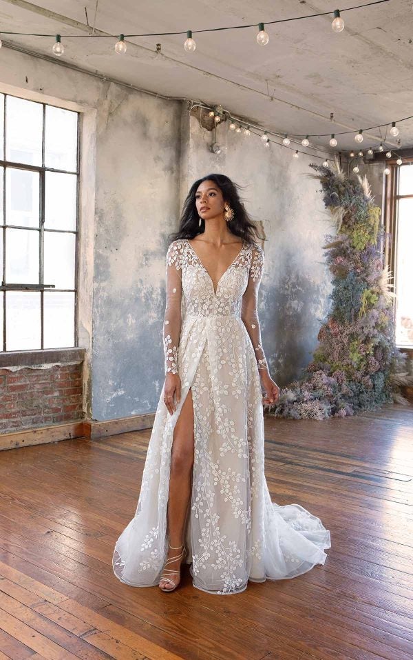 Long Sleeve A-line Wedding Dress With Floral Lace by All Who Wander - Image 1