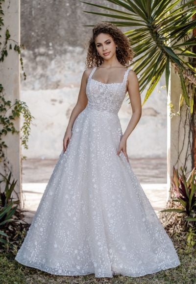 Square Neckline Ball Gown Wedding Dress With Dimensional Applique by Allure Bridals